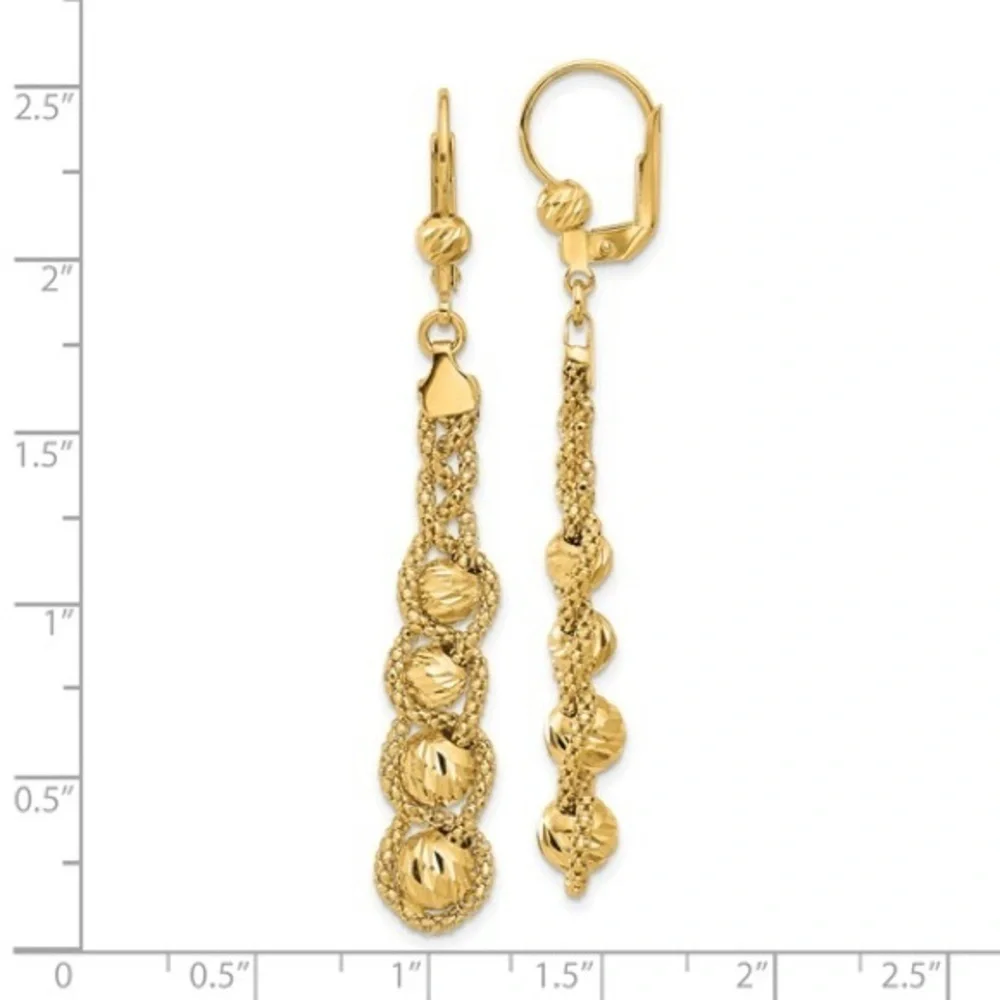 Leslie's 14K Polished Textured and Diamond Cut Beaded Leverback Earrings